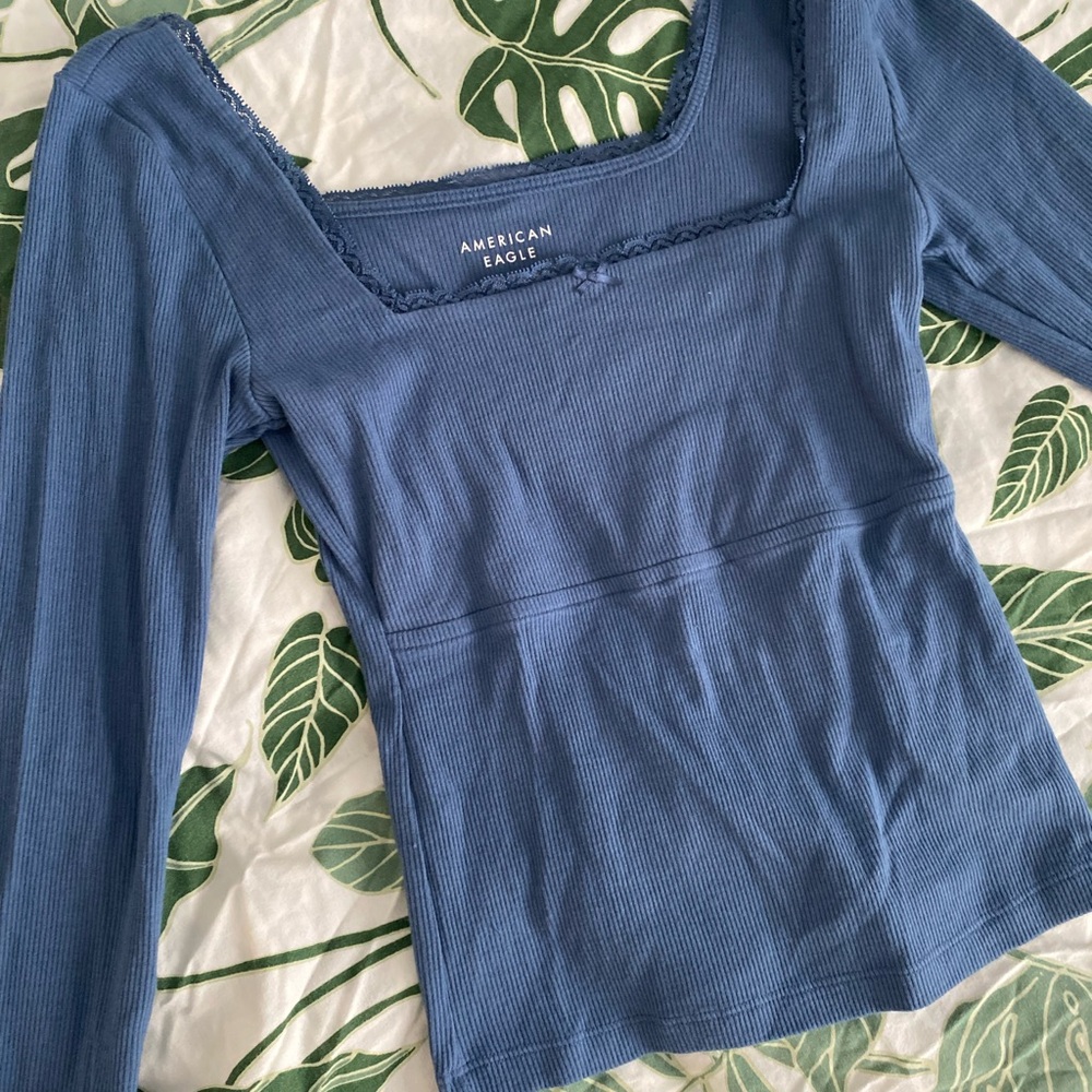 American Eagle Outfitters Ribbed Long Sleeve Square Neck Top - Denim Blue